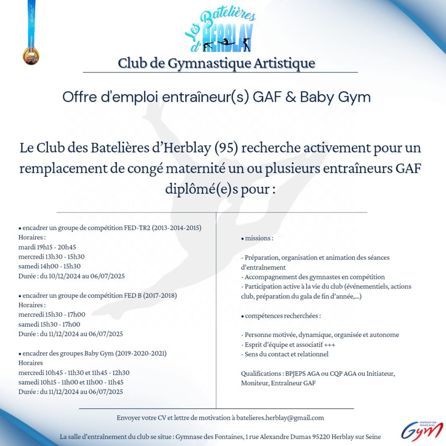 GAF : Offre d'emploi entraineur club les Batelières d'Herblay GAF : Offre d'emploi entraineur club les Batelières d'Herblay