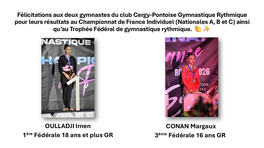 GR : Résultats au Championnat de France Individuel (Nationales A, B et C) du 30/01/2026 au 01/02/2026 à Rouen GR : Résultats au Championnat de France Individuel (Nationales A, B et C) du 30/01/2026 au 01/02/2026 à Rouen